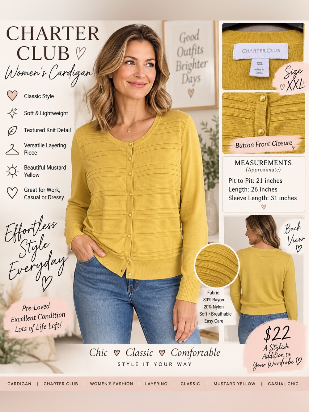 Charter Club Mustard Yellow Button-Front Knit Cardigan